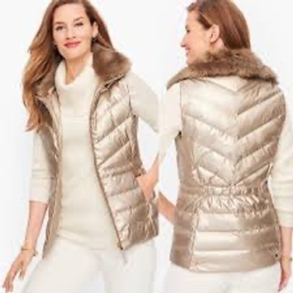 Talbots metallic down filled puffer vest champagne‎ color women's size medium
